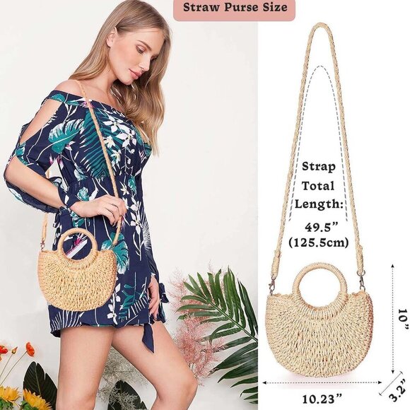 Straw Shoulder Bag Handmade Woven Purse Beach Clutch Crossbody for Women - Picture 2 of 6